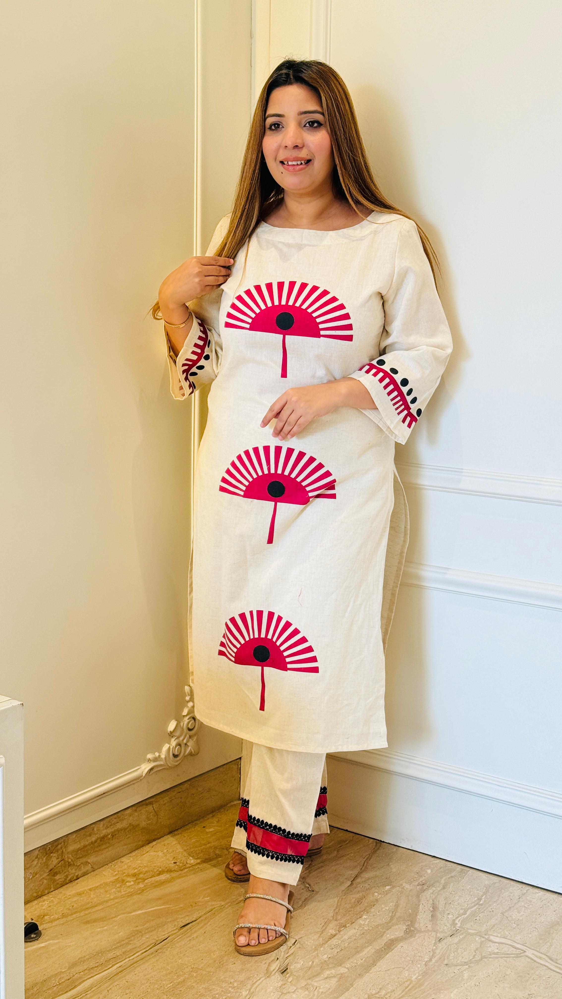 Elegant cotton slub kurta set- Blue, Pink